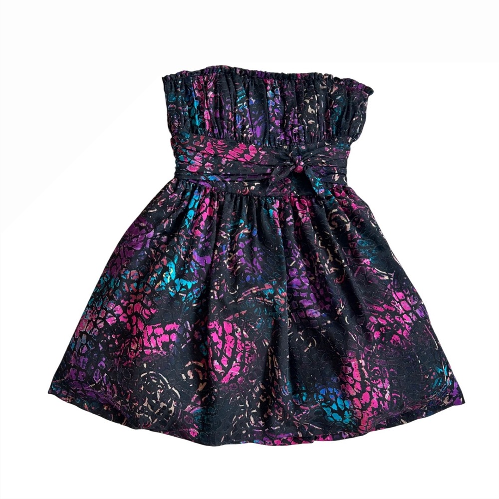 Betsey Johnson Black Strapless Mini Dress with Pink Purple Teal Floral
